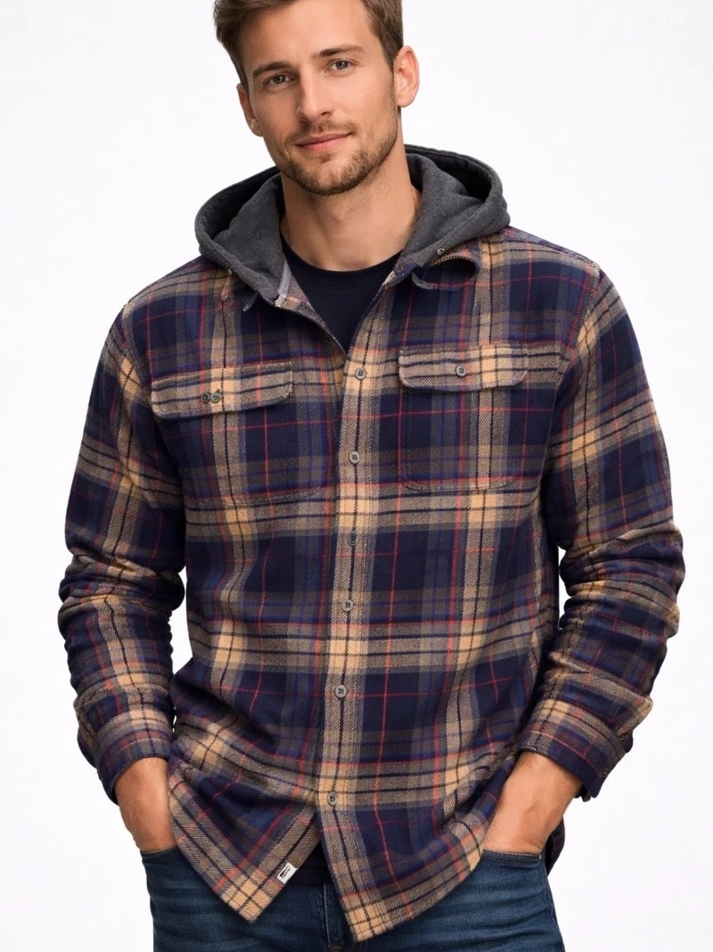 American Eagle Outfitters Navy & Beige Plaid Hooded Shirt Jacket